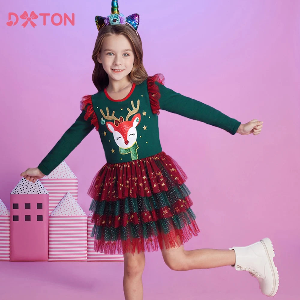 DXTON New Year Girls Dress Layered Patchwork Christmas Kids Gift Elk Cartoon Cute Children Xmas Party Elegant Dress Up Clothing