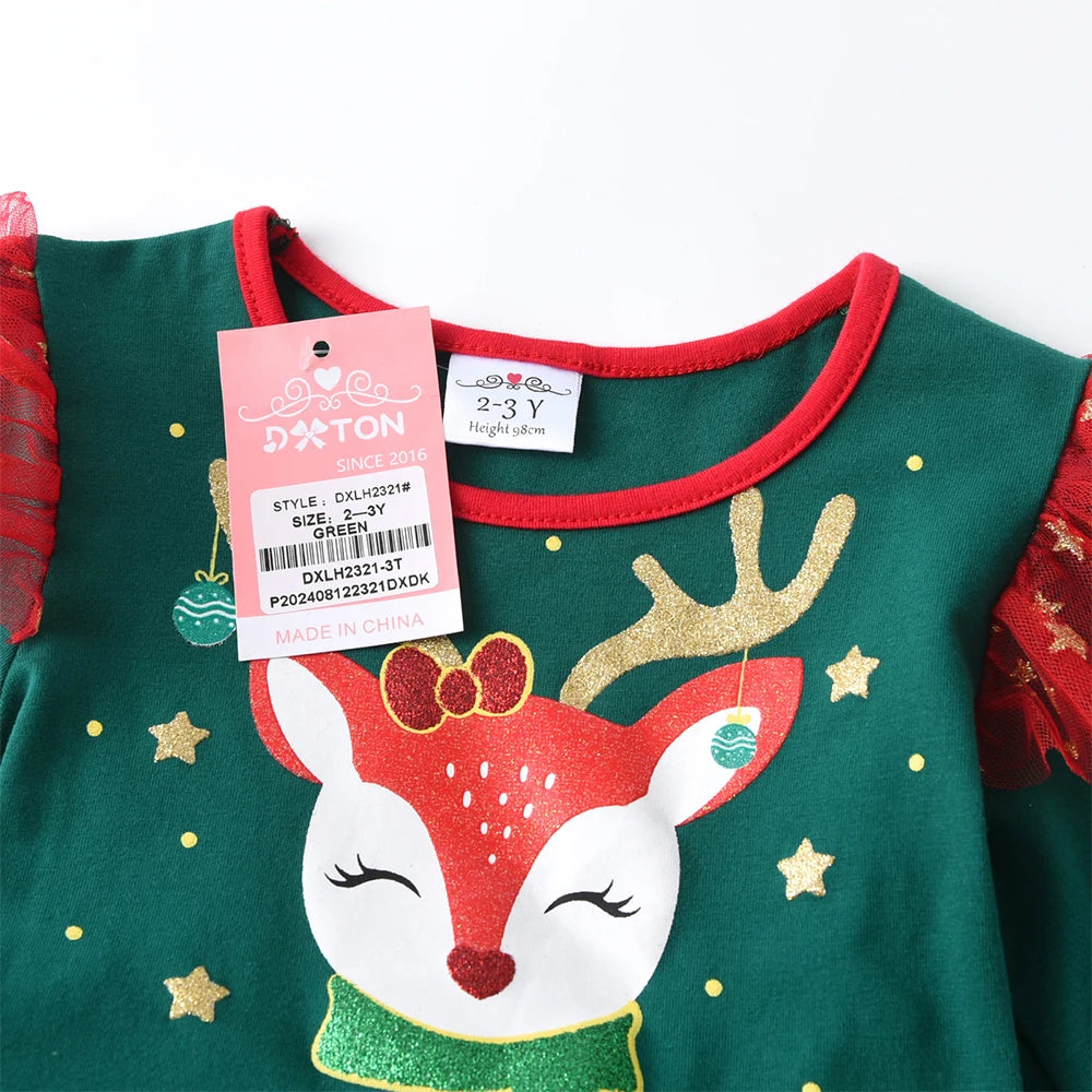 DXTON New Year Girls Dress Layered Patchwork Christmas Kids Gift Elk Cartoon Cute Children Xmas Party Elegant Dress Up Clothing