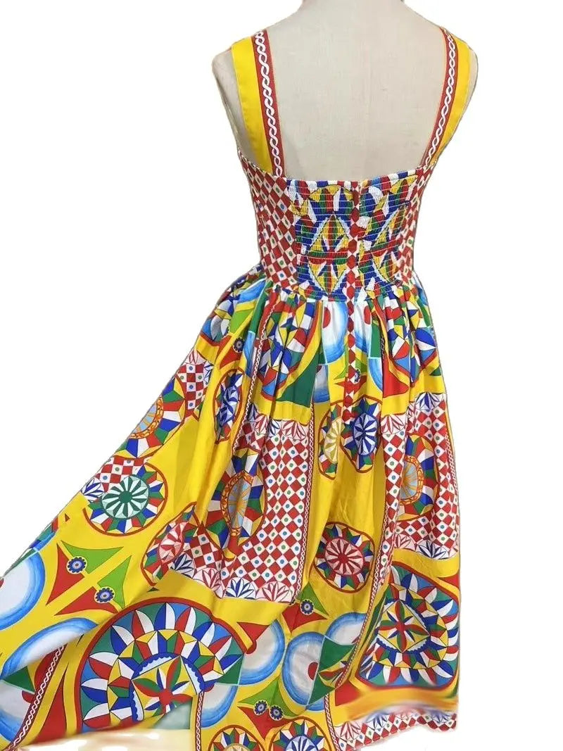 Summer Fashion Designer Holiday Beach Dress Women Spaghetti Strap Elastic Backless Multicolor Classic Print Party Midi Vestidos