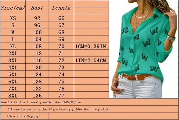 Oversized S-5XL Women Butterfly Print Loose Blouse Shirts Summer Female Long Sleeve Button Baggy OL Workwear Tops ARJ-199Y