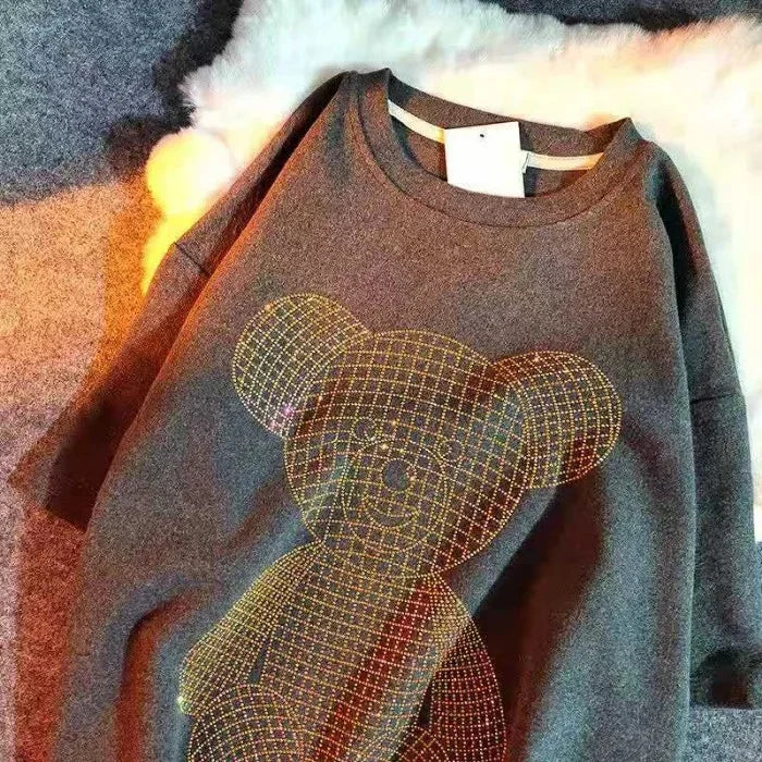 Trendy Diamond-Embellished Gold Bear Short Sleeve T-Shirt Plus Size Women's Summer Korean Style Top Loose Fit Medium-Length