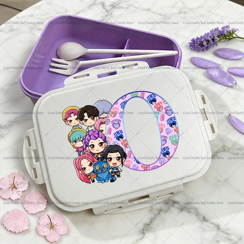 Kpop Demon Hunters Name Combination Letter A-Z Print Lunch Boxes Purple Huntrix Saja Boys Bento Box Women Picnic Food Container