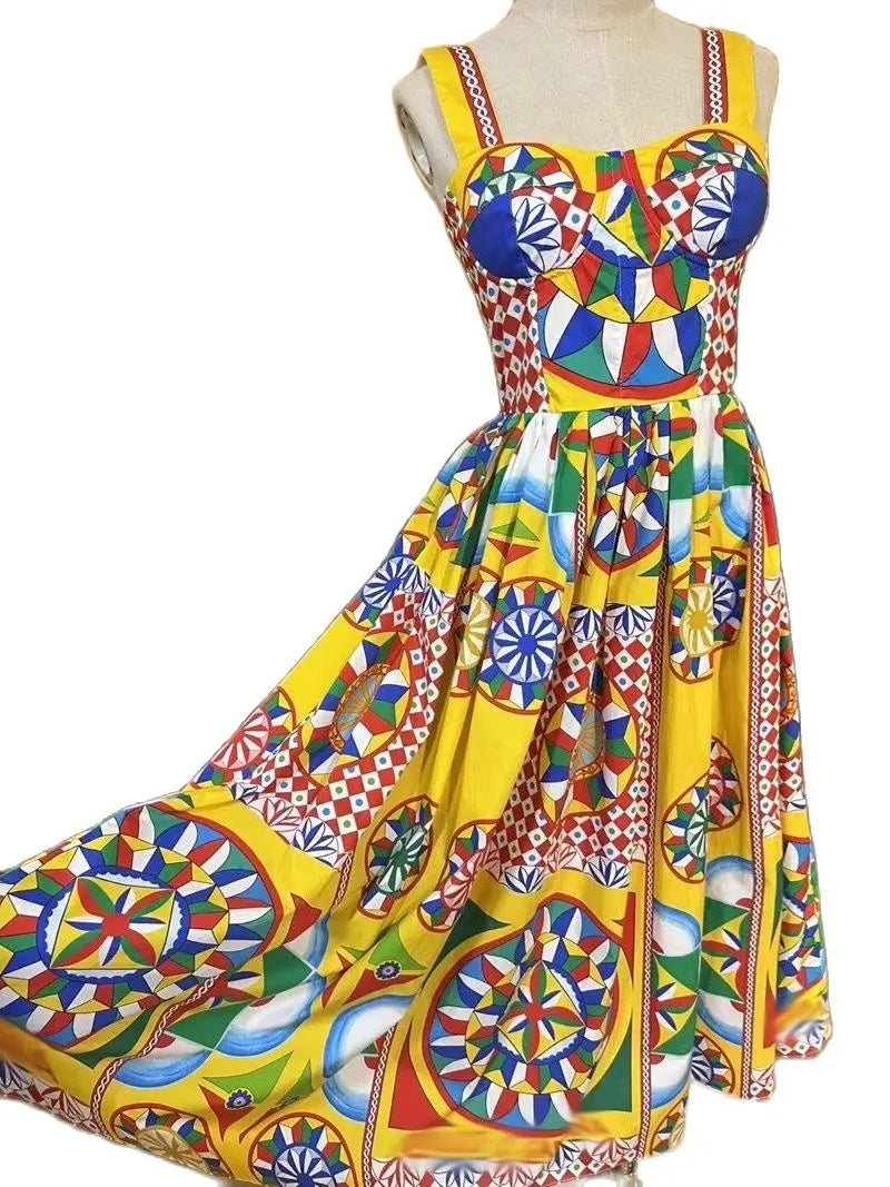 Summer Fashion Designer Holiday Beach Dress Women Spaghetti Strap Elastic Backless Multicolor Classic Print Party Midi Vestidos