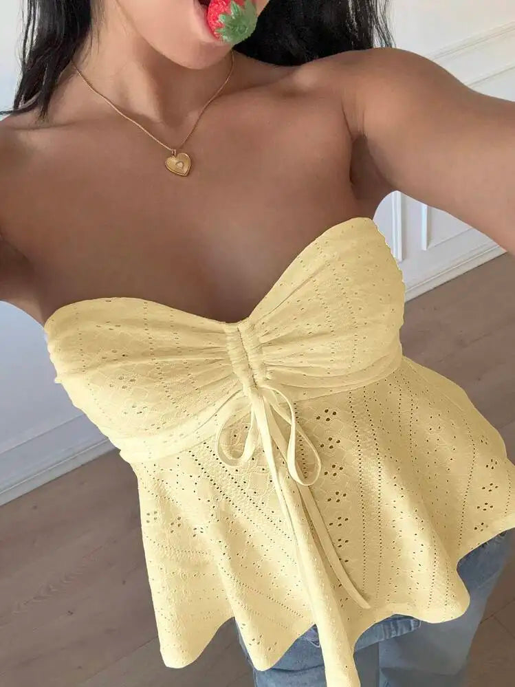 Sexy hot girl slim fit strapless summer vacation style European and American sleeveless jacquard top women's clothing