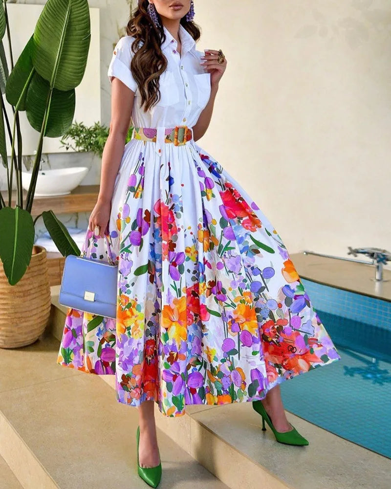 Print Floral Dresses Short Sleeve Turn Down Collar Women Button Dress A Line Folds Vestidos Belt Casual Basics 2025 Summer