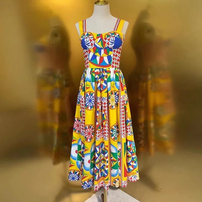 Summer Fashion Designer Holiday Beach Dress Women Spaghetti Strap Elastic Backless Multicolor Classic Print Party Midi Vestidos