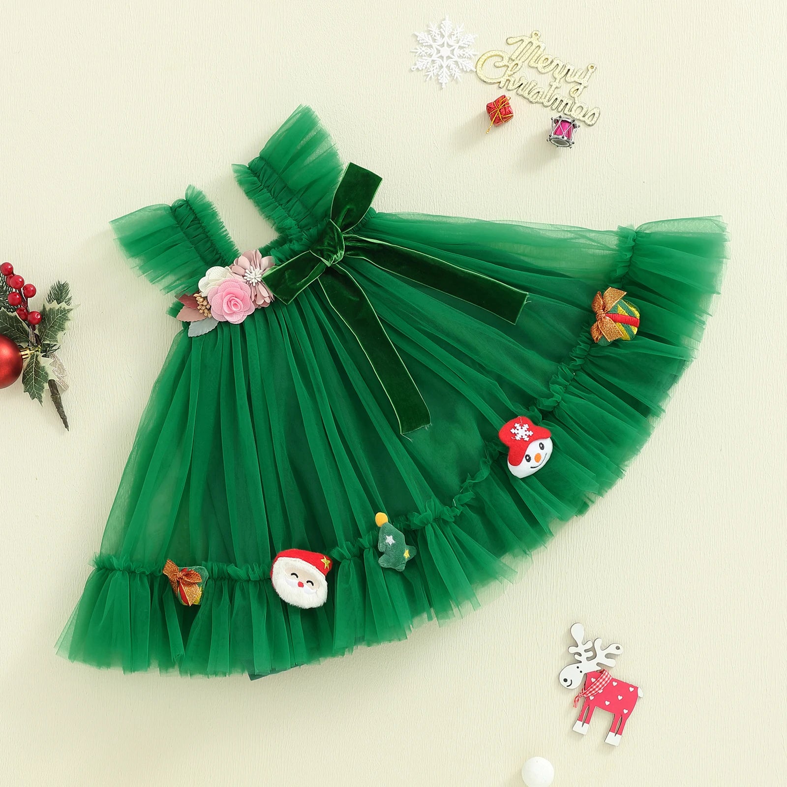 FOCUSNORM 0-4Y Princess Kids Girls Christmas Tulle Dress 3D Flower Santa Bow Sleeveless Suspender A-Line Dress for Party
