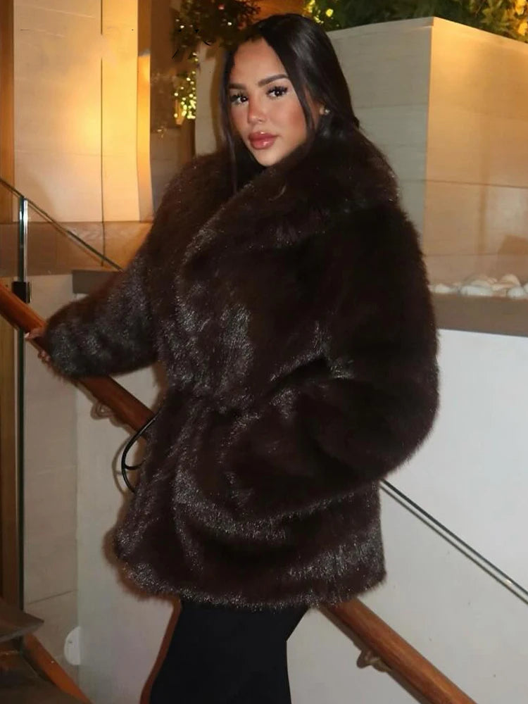 HH Winter Coat Woman Trendy Solid Turn Down Collar Long Sleeves Belt Decoration Female Vintage Thick And Warm Outerwear