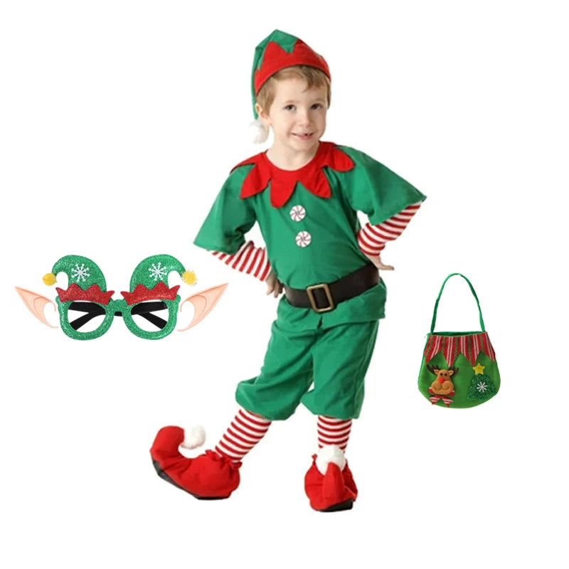 2025 Girl Boy Christmas Elf Costumes Santa Claus Suit Festival Halloween Cosplay Sets Green Elves Clothes