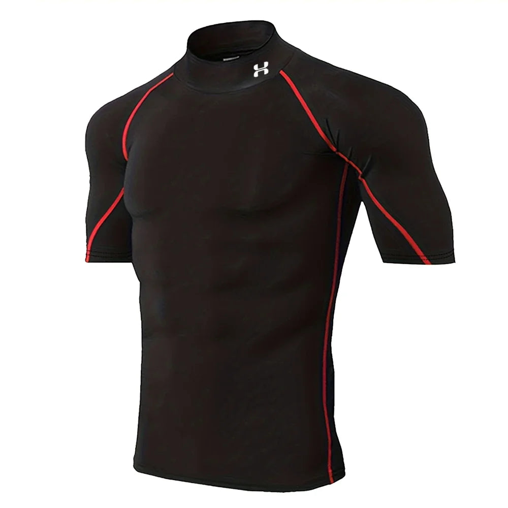 Men's Fitness Compression Short-sleeved Summer Outdoor Sports Running Tight T-shirt Breathable Turtleneck Training Suit Top