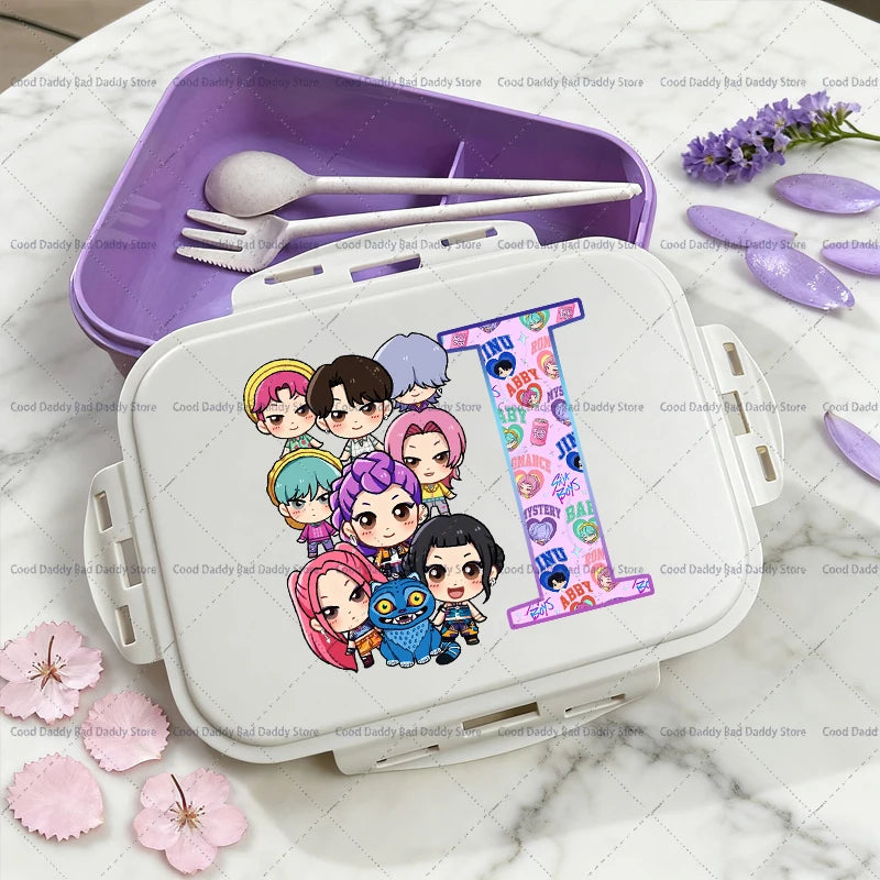 Kpop Demon Hunters Name Combination Letter A-Z Print Lunch Boxes Purple Huntrix Saja Boys Bento Box Women Picnic Food Container
