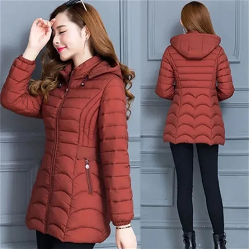 Winter Coat Women 2025 Fashion Middle Age Mother Slim Down Cotton Hooded Jacket Plus Size Casual Solid Warm Thick Outwear Parka