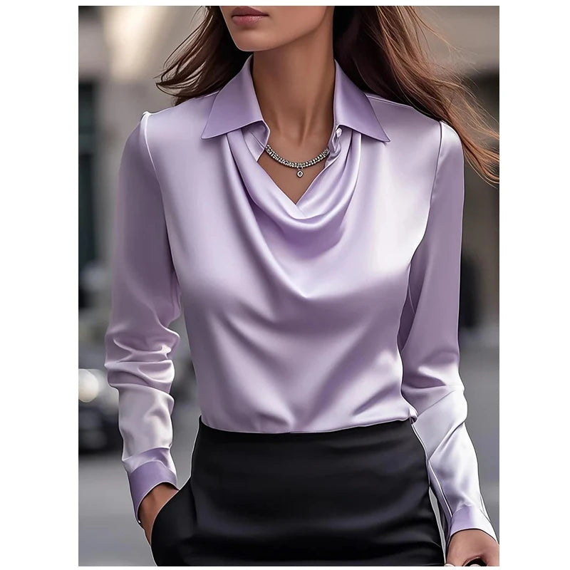 Women's Blouse Solid color Full Sleeve Swing Collar Pullover Temperament Printing Simple Shirt Office Lady Elegent Tops
