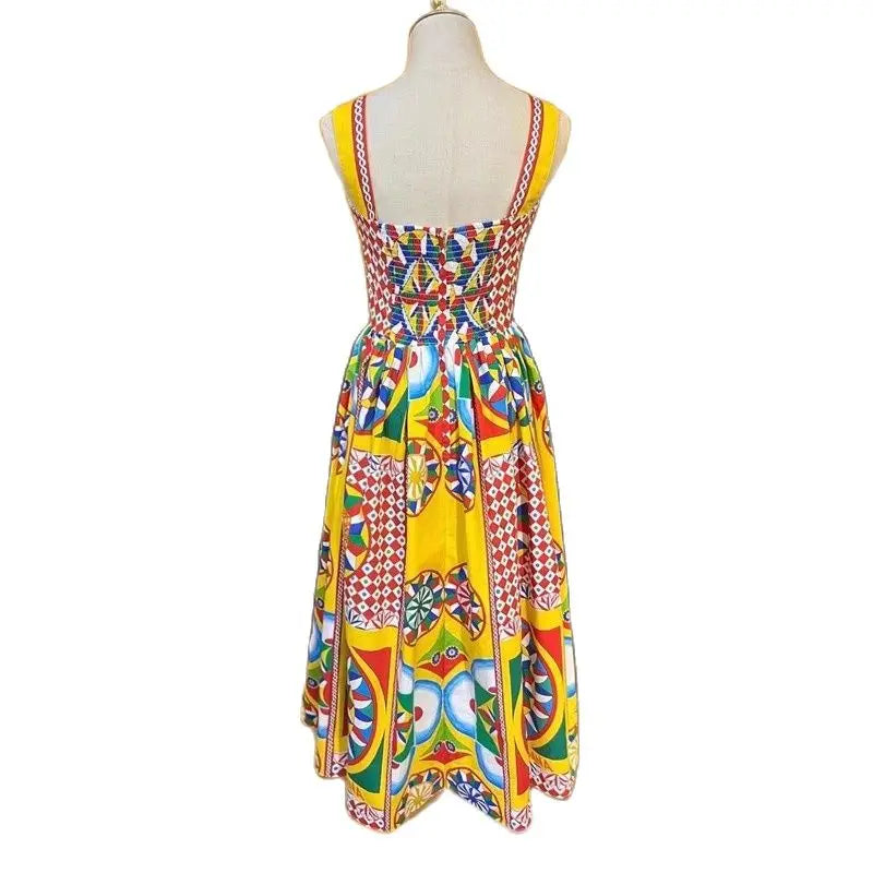 Summer Fashion Designer Holiday Beach Dress Women Spaghetti Strap Elastic Backless Multicolor Classic Print Party Midi Vestidos