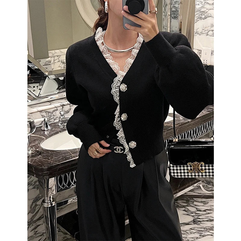 Vintage Red Knitted Cardigan Women Cropped Lace Black Sweater Outerwears Elegant Korean V Neck Knitwears Winter Design Jumpers