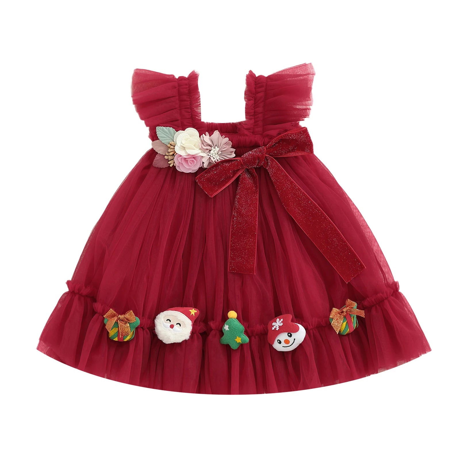 FOCUSNORM 0-4Y Princess Kids Girls Christmas Tulle Dress 3D Flower Santa Bow Sleeveless Suspender A-Line Dress for Party