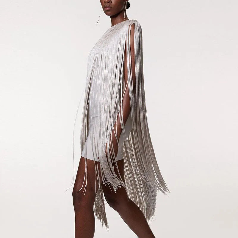 Woman One Shoulder Fringe Tassel Mini Dress Chic Sleeveless Hollow Short Dress Summer Sexy Diagonal Collar Gowns Evening Dresses