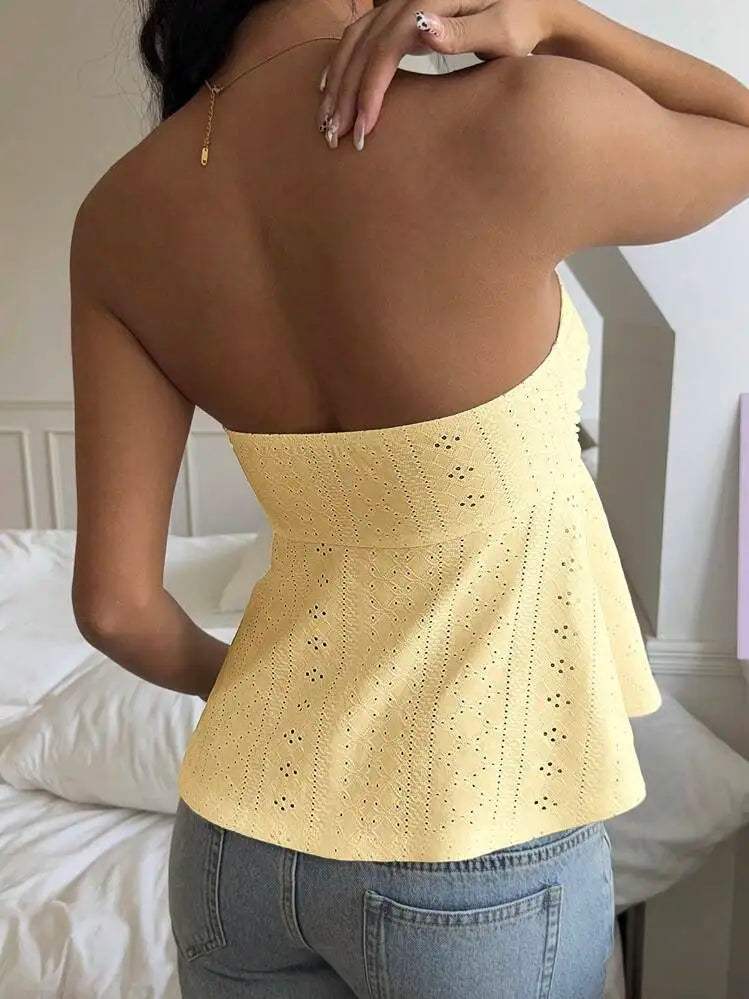 Sexy hot girl slim fit strapless summer vacation style European and American sleeveless jacquard top women's clothing