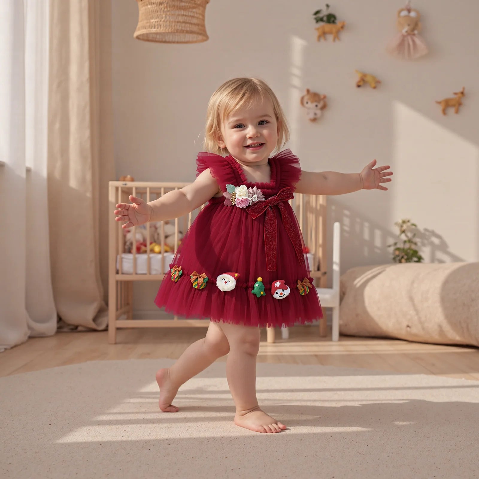 FOCUSNORM 0-4Y Princess Kids Girls Christmas Tulle Dress 3D Flower Santa Bow Sleeveless Suspender A-Line Dress for Party