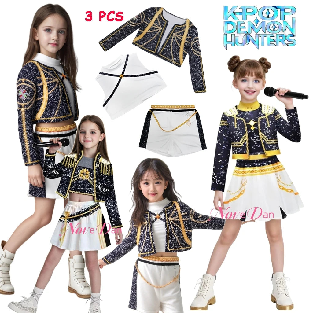 Kpop Demon Hunter Kids Costume Set Golden Huntrix Rumi Zoey Mira Cosplay Girls 3D Print Stage Clothes Halloween Party Outfit