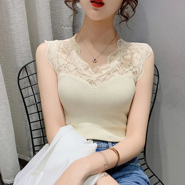 Summer V-neck Lace Stitching Pullover Sleeveless T-shirt Women's See-through Ice Silk Vest Suspender Knitted Base Layer Women
