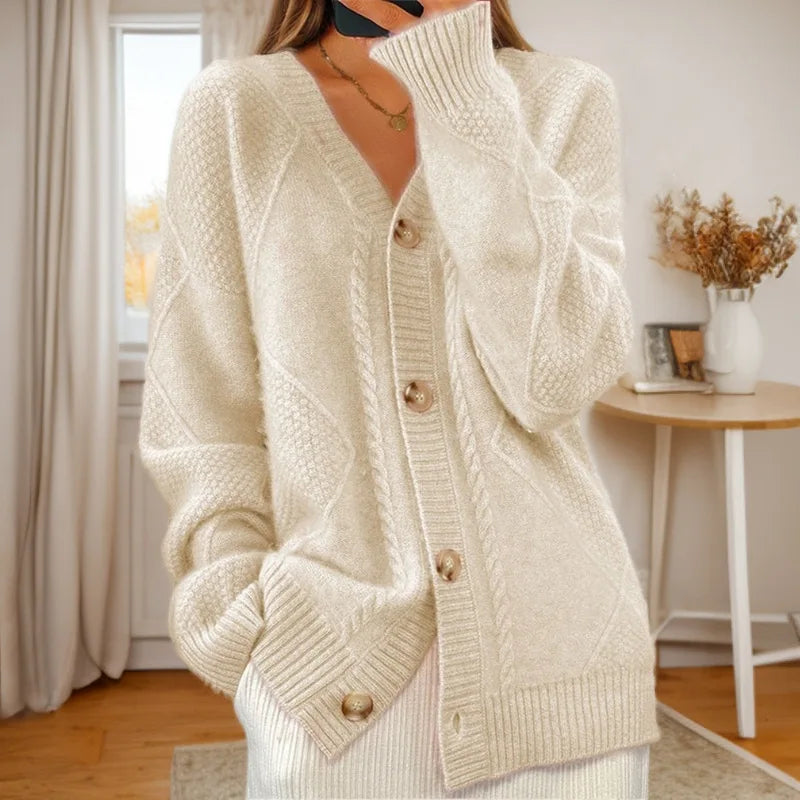 Autumn Winter Solid Color Long-sleeved V Neck Knitted Cardigan Breasted Women Top Fashion Jacquard Sweater Versatile Coat Female