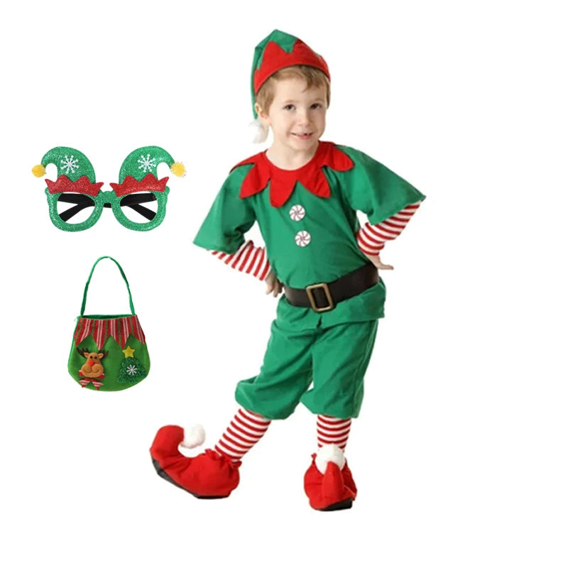 2025 Girl Boy Christmas Elf Costumes Santa Claus Suit Festival Halloween Cosplay Sets Green Elves Clothes