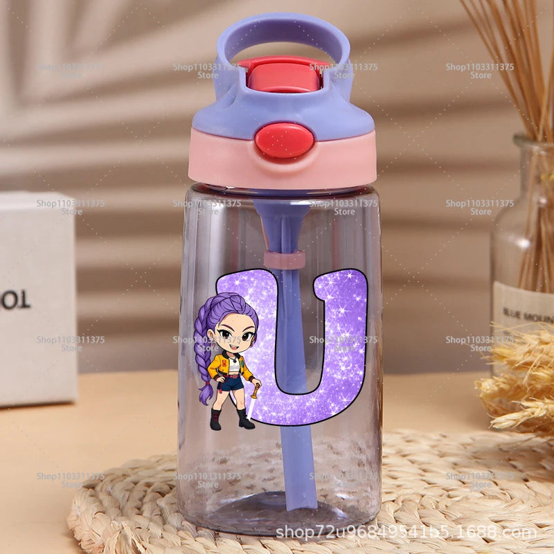 Move K-Pop Demon Hunters Plastic Water Bottle with Straw Letter A-Z Fashion Portable Portable Kettle Girls Cartoon Birthday Gift
