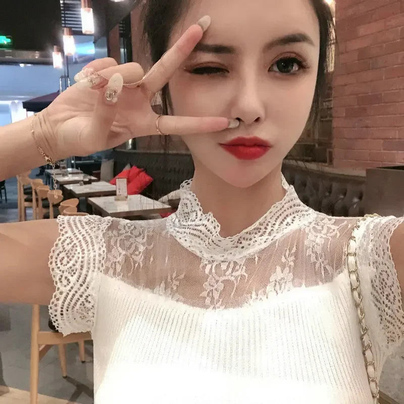 Woman TShirts Crop Top Summer Stand Collar Mesh Lace Stitching Sleeveless Knitted T-shirt Top Mujer Camisetas