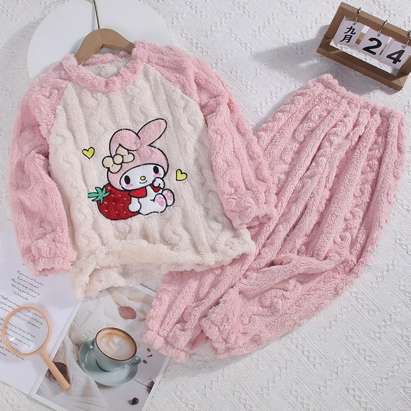 Winter Children's Jacquard Plush Pajamas round Neck Cartoon Set Soft Warm Sleepwear for Kids
