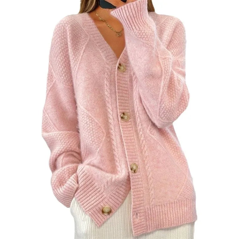 Autumn Winter Solid Color Long-sleeved V Neck Knitted Cardigan Breasted Women Top Fashion Jacquard Sweater Versatile Coat Female