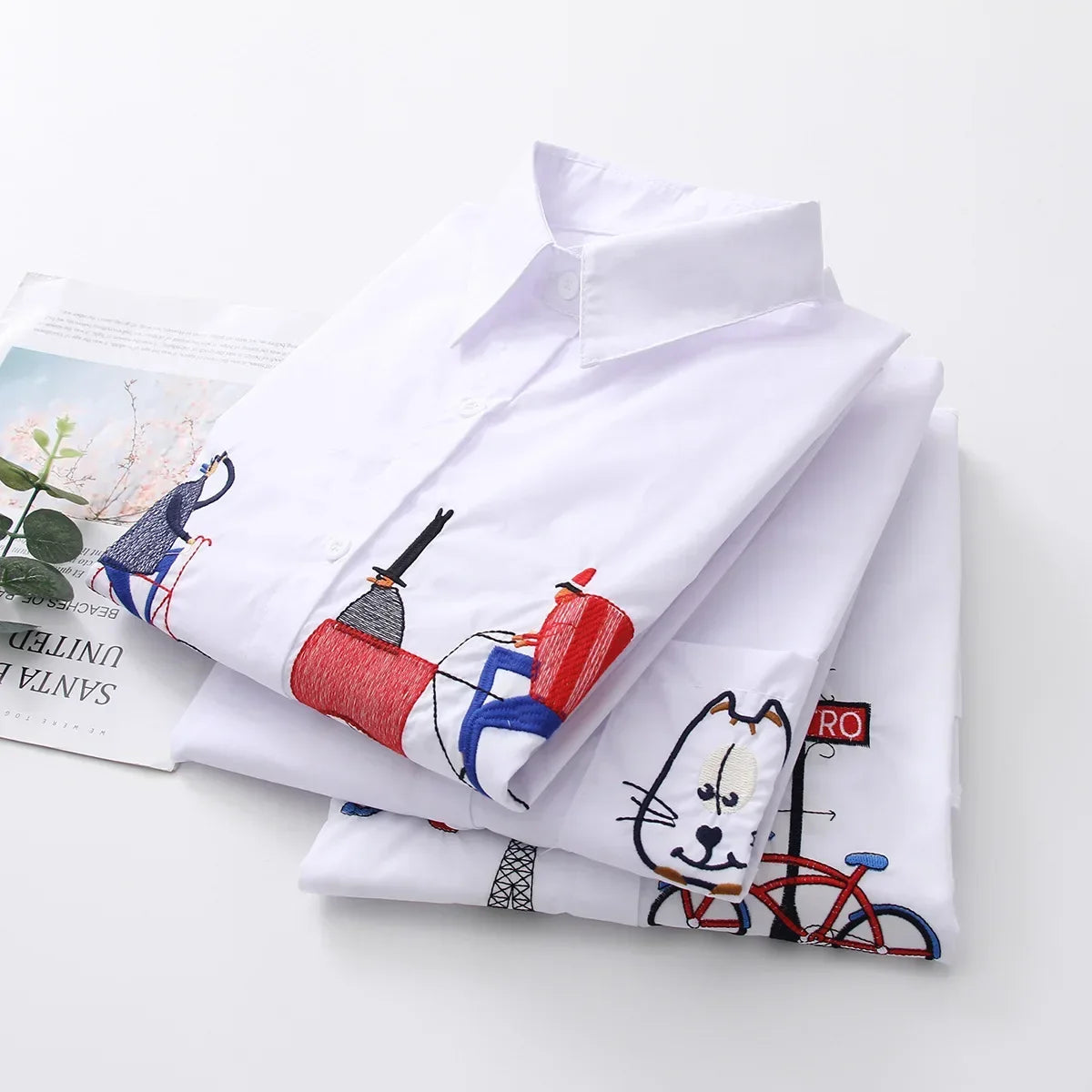New White Women Blouse 2025 Long Sleeve Cotton Embroidery Blouse Lady Casual Button Design Turn Down Collar Female Shirt
