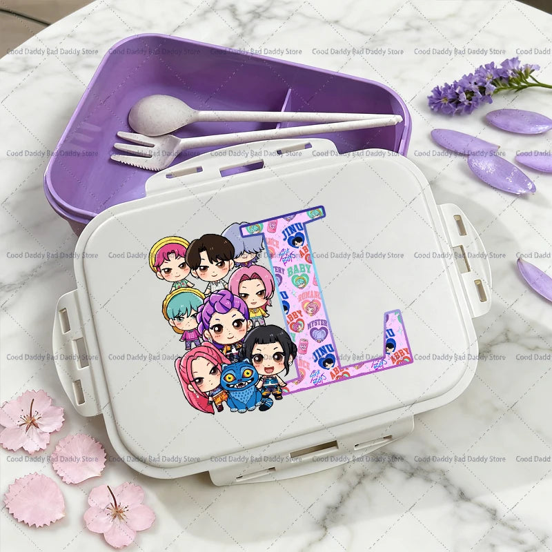 Kpop Demon Hunters Name Combination Letter A-Z Print Lunch Boxes Purple Huntrix Saja Boys Bento Box Women Picnic Food Container