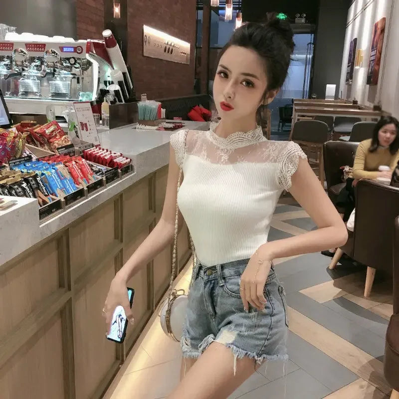 Woman TShirts Crop Top Summer Stand Collar Mesh Lace Stitching Sleeveless Knitted T-shirt Top Mujer Camisetas