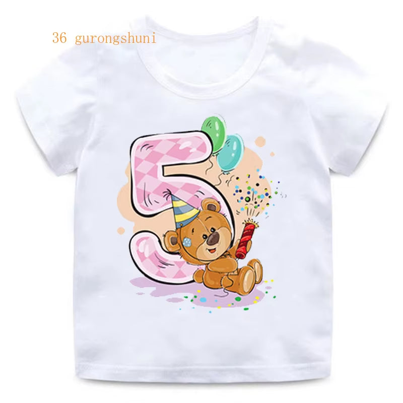 Boy Girl Birthday Bear Number 12 3 4 8 9 Bow Print T Shirts Baby Cute Cartoon Funny round Neck Girls T-Shirt Best Birthday Gift