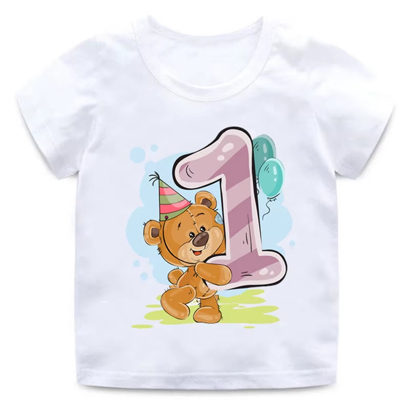 Boy Girl Birthday Bear Number 12 3 4 8 9 Bow Print T Shirts Baby Cute Cartoon Funny round Neck Girls T-Shirt Best Birthday Gift