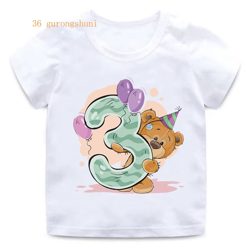 Boy Girl Birthday Bear Number 12 3 4 8 9 Bow Print T Shirts Baby Cute Cartoon Funny round Neck Girls T-Shirt Best Birthday Gift