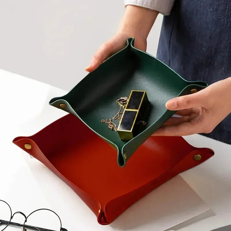 1PC 25x25cm Nordic Style Leather Storage Tray Desktop Organizer For Key Jewelry Cosmetic Storage Box Folding Organizer Home Deco