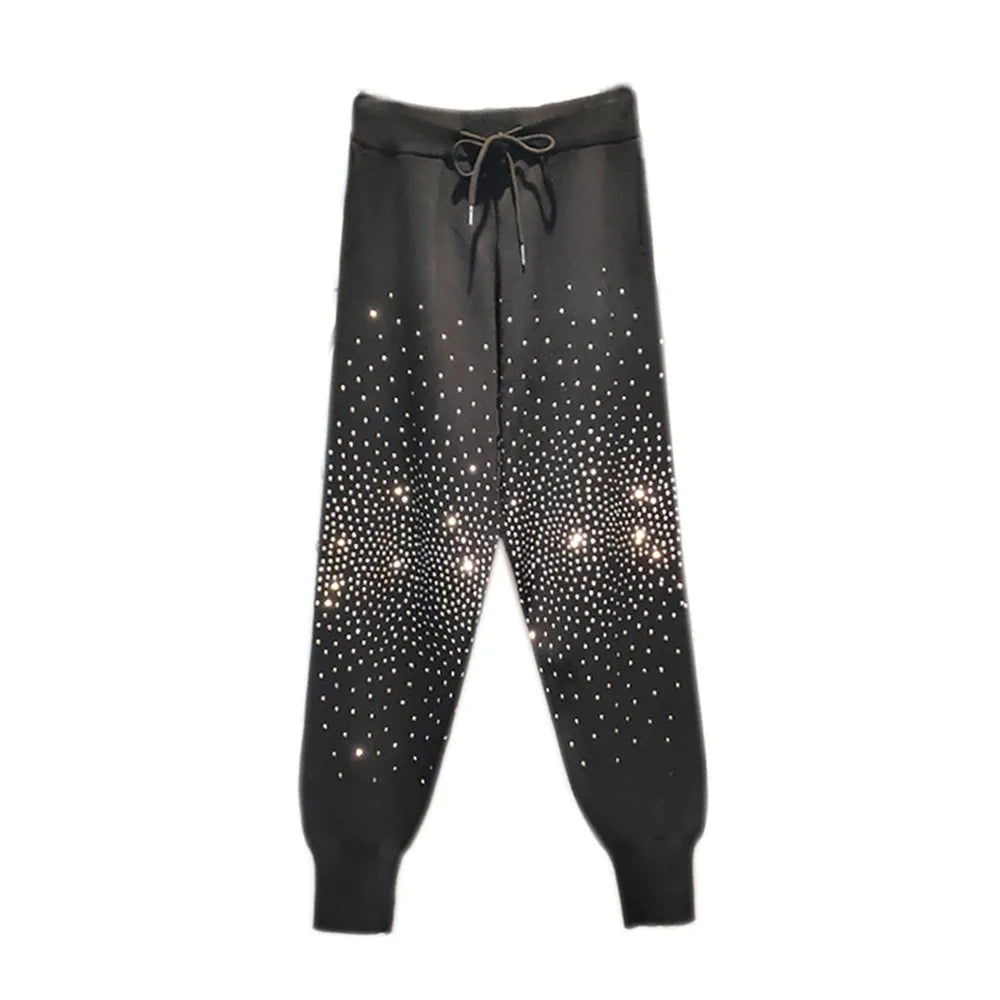 2022 Spring Autumn Pants Women Heavy Bar Hot Drill Knitted Women Pants High Waist Nine Points Harem Pant ropa mujer