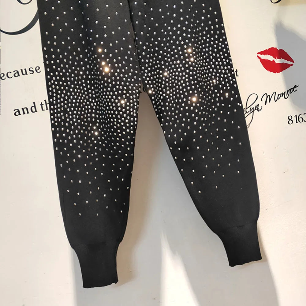 2022 Spring Autumn Pants Women Heavy Bar Hot Drill Knitted Women Pants High Waist Nine Points Harem Pant ropa mujer