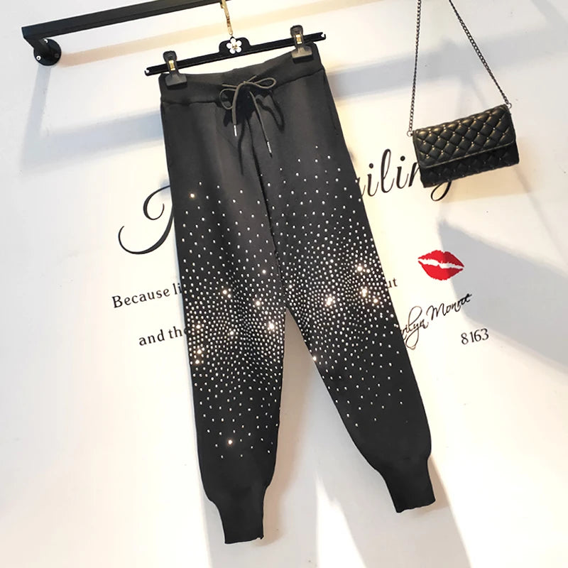 2022 Spring Autumn Pants Women Heavy Bar Hot Drill Knitted Women Pants High Waist Nine Points Harem Pant ropa mujer