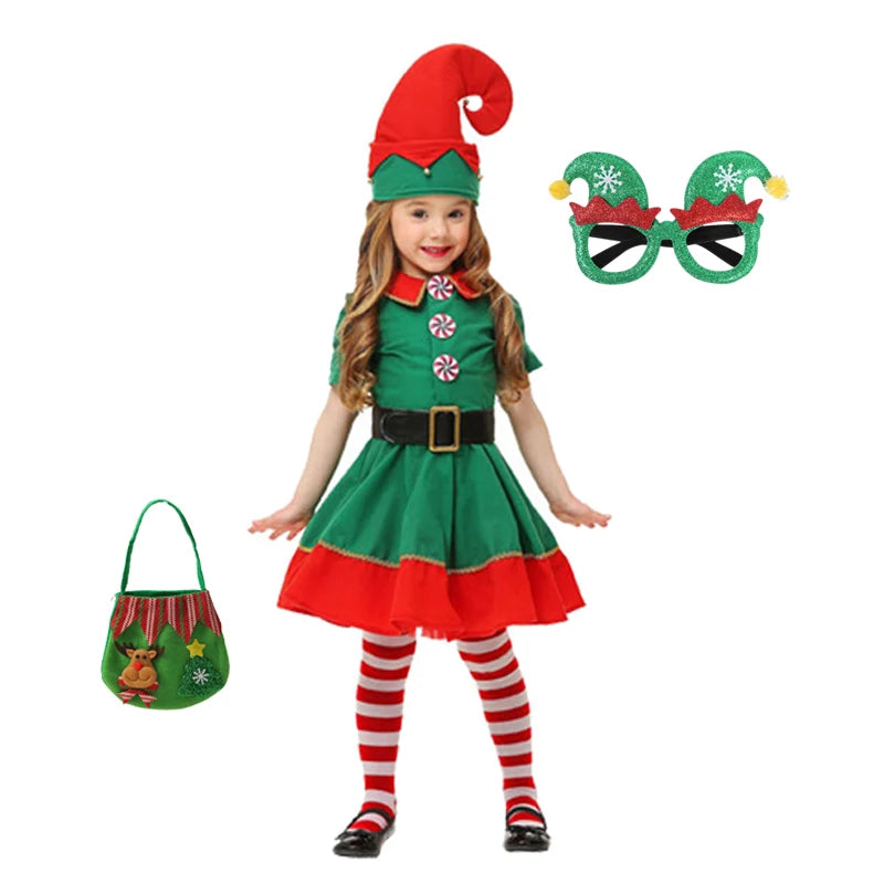 2025 Girl Boy Christmas Elf Costumes Santa Claus Suit Festival Halloween Cosplay Sets Green Elves Clothes