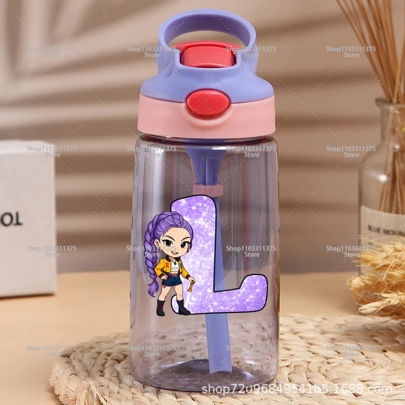 Move K-Pop Demon Hunters Plastic Water Bottle with Straw Letter A-Z Fashion Portable Portable Kettle Girls Cartoon Birthday Gift