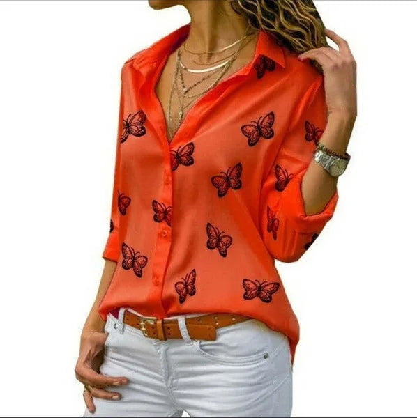 Oversized S-5XL Women Butterfly Print Loose Blouse Shirts Summer Female Long Sleeve Button Baggy OL Workwear Tops ARJ-199Y