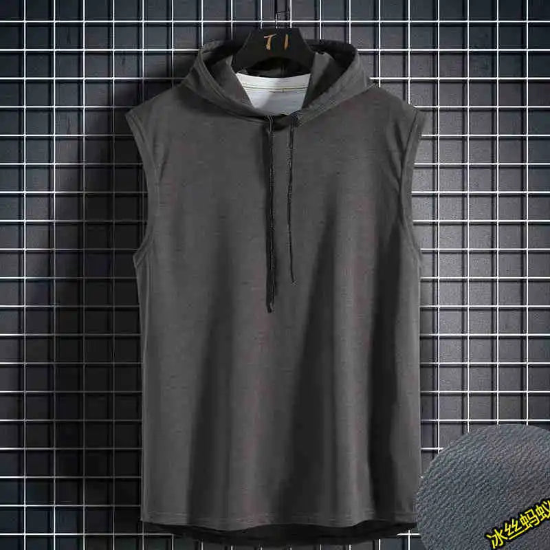 Men Tie Collar Hooded Sleeveless Vests Male Summer Loose Solid Hip Hop Tee Shirt Tops