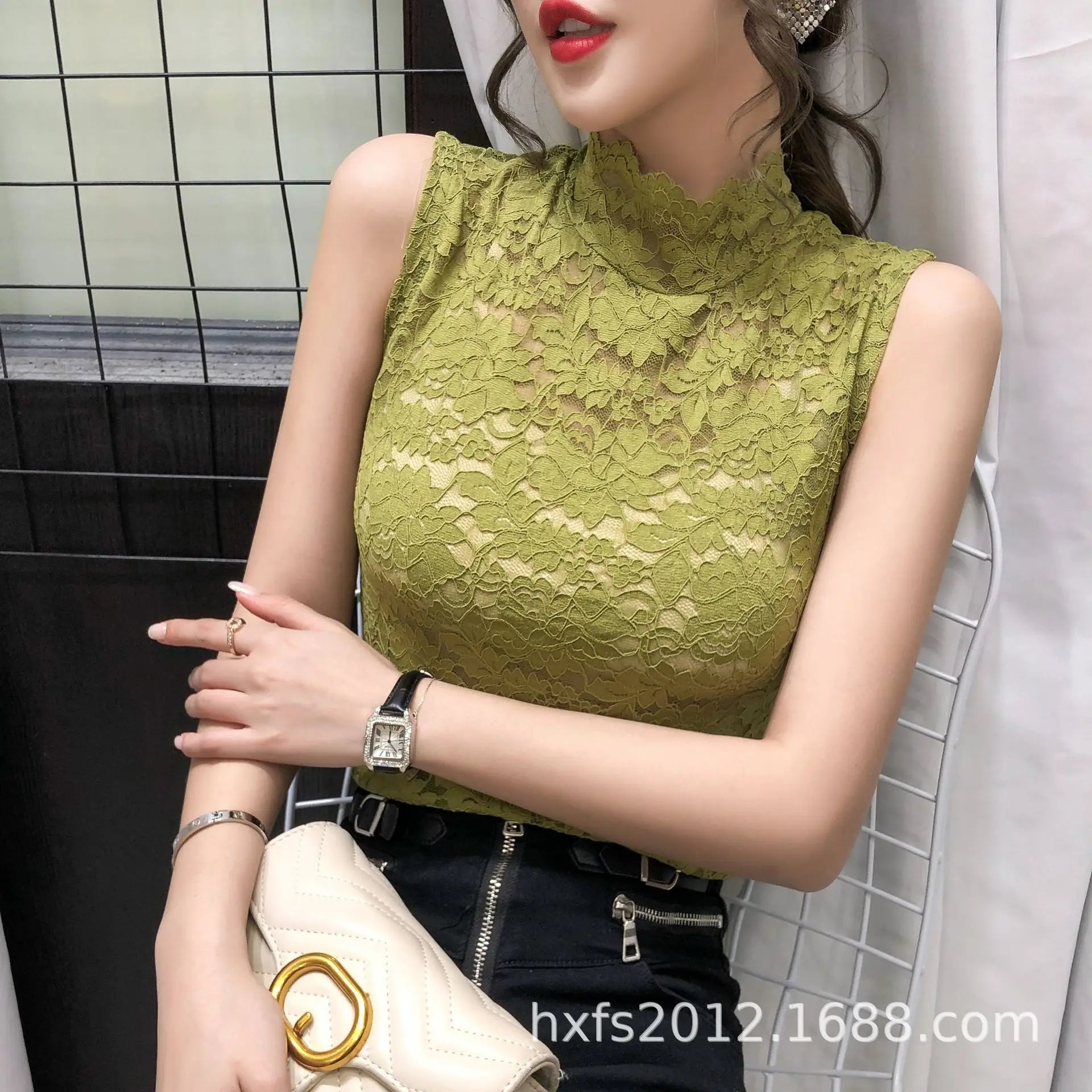 Semi Turtleneck Sleeveless Lace Blouse Tops Sexy Women Slim Stretch All Match Hollow Out Lace Blouse Shirts LGHX-1911wuxiu