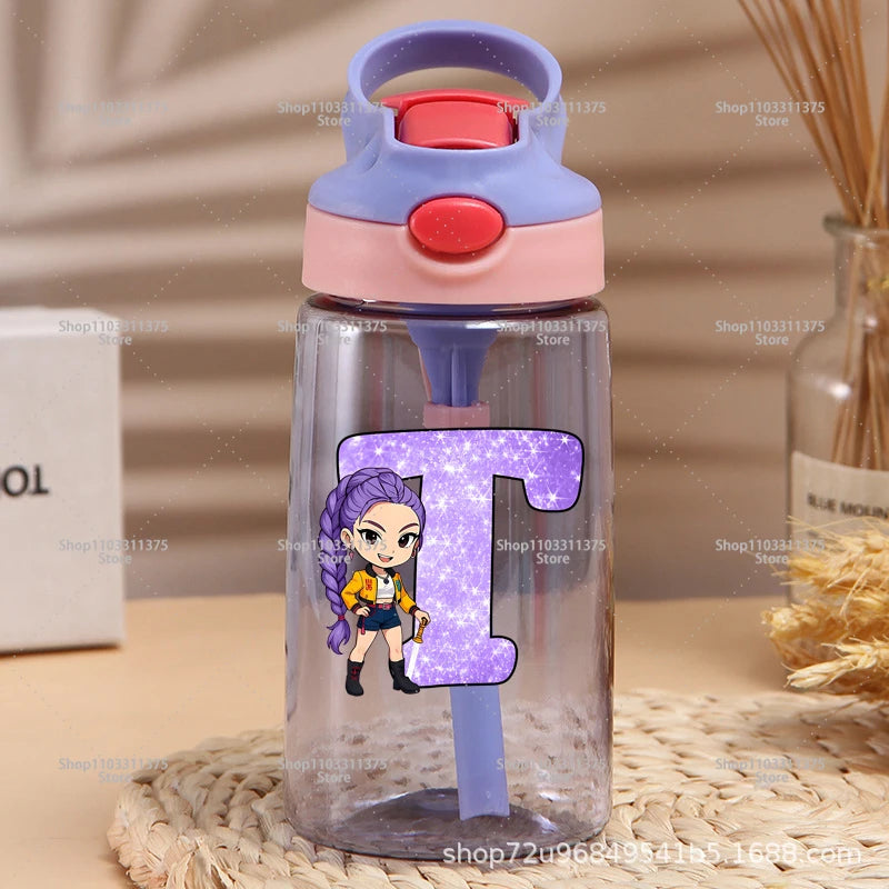 Move K-Pop Demon Hunters Plastic Water Bottle with Straw Letter A-Z Fashion Portable Portable Kettle Girls Cartoon Birthday Gift
