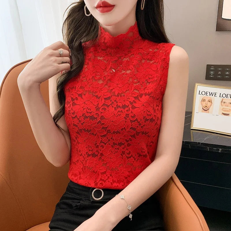 Semi Turtleneck Sleeveless Lace Blouse Tops Sexy Women Slim Stretch All Match Hollow Out Lace Blouse Shirts LGHX-1911wuxiu