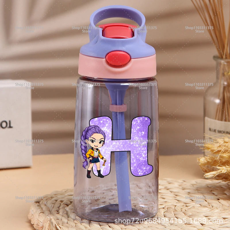 Move K-Pop Demon Hunters Plastic Water Bottle with Straw Letter A-Z Fashion Portable Portable Kettle Girls Cartoon Birthday Gift