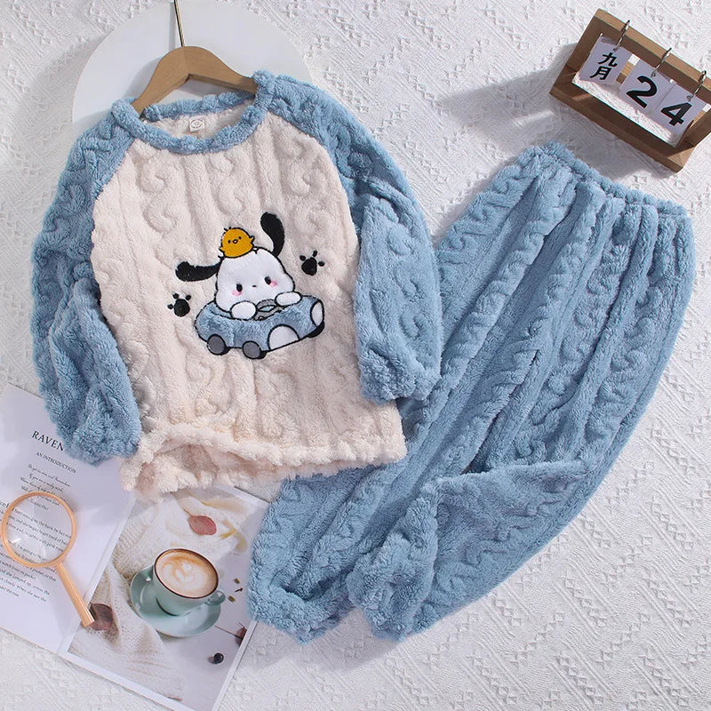 Winter Children's Jacquard Plush Pajamas round Neck Cartoon Set Soft Warm Sleepwear for Kids